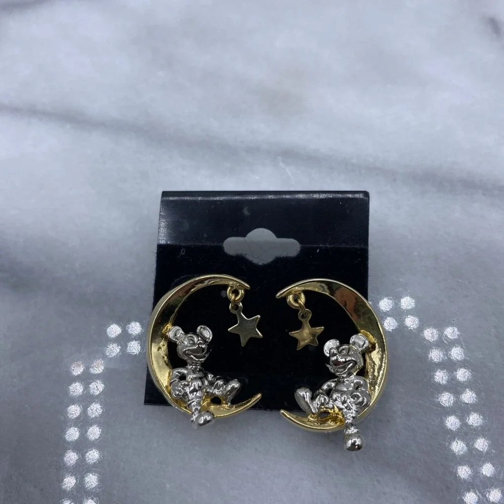 Disney Womens OS Earrings Gold Silver Mickey Mouse Moon Star Dangle Studs